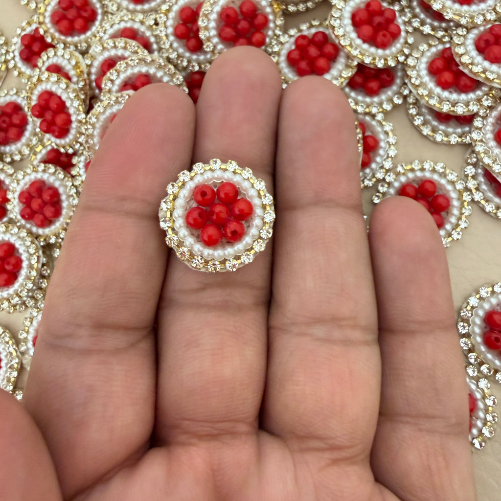 Red Bead Pearl & Rhinestone Circular Applique Patches – Pack of 25