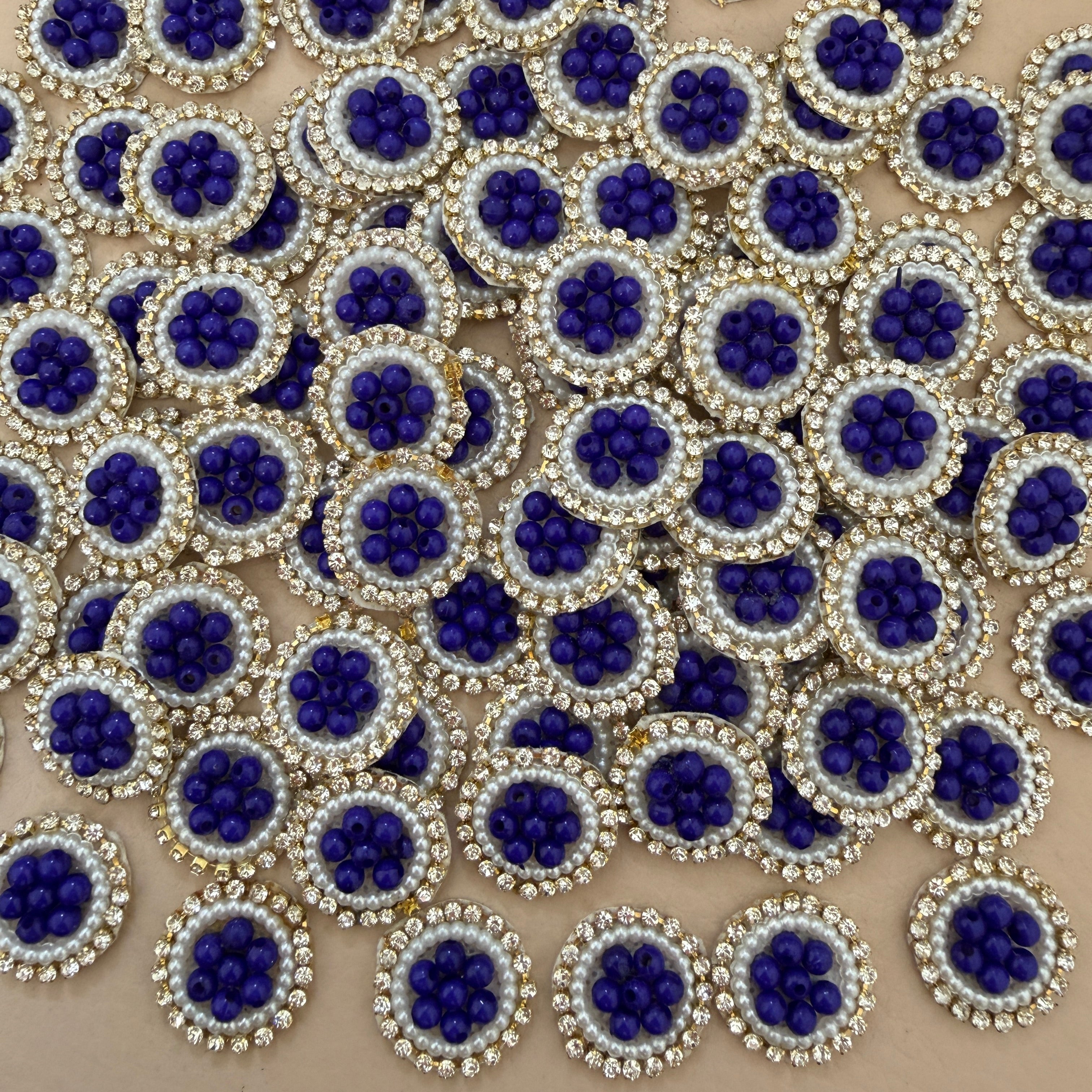 Royal Blue Bead Pearl & Rhinestone Circular Applique Patches – Pack of 25