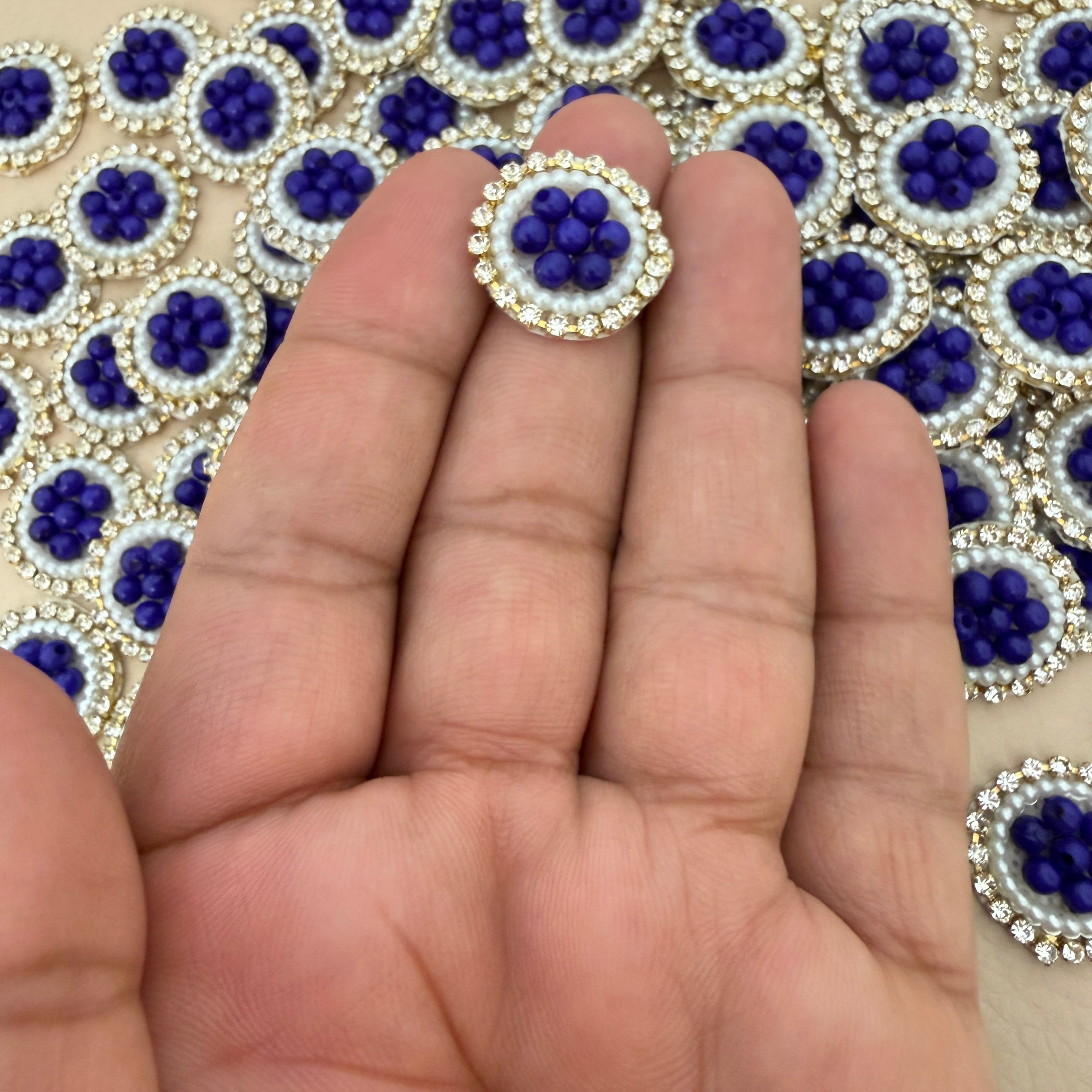 Royal Blue Bead Pearl & Rhinestone Circular Applique Patches – Pack of 25