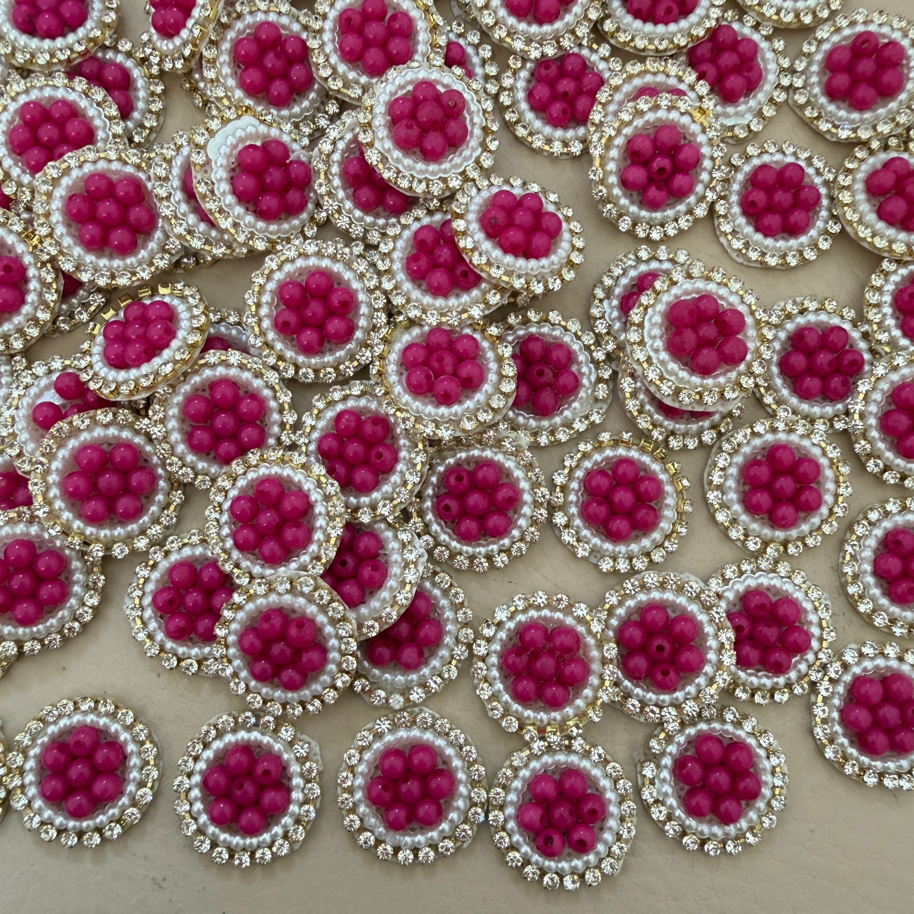 Hot Pink Bead Pearl & Rhinestone Circular Applique Patches – Pack of 25