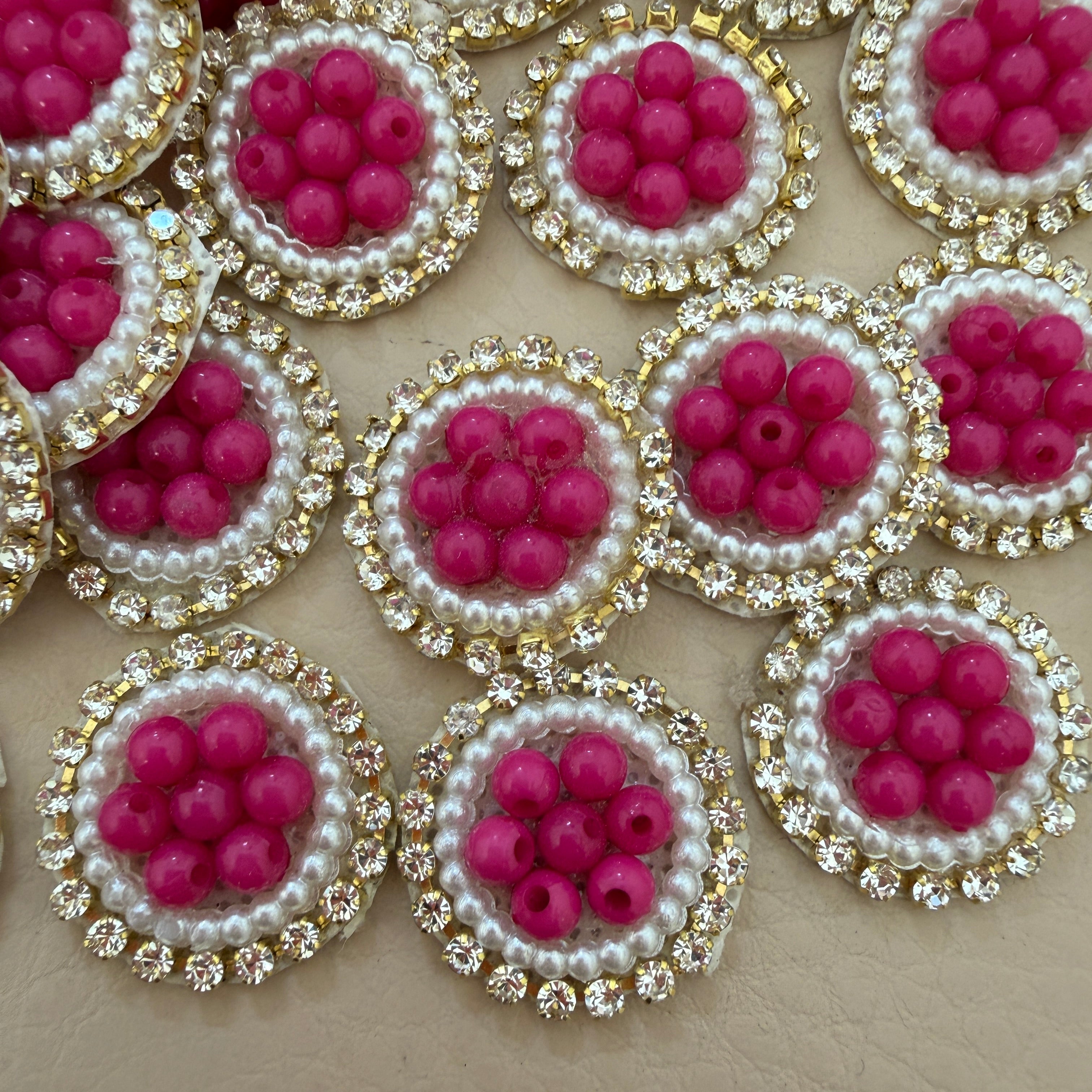 Hot Pink Bead Pearl & Rhinestone Circular Applique Patches – Pack of 25