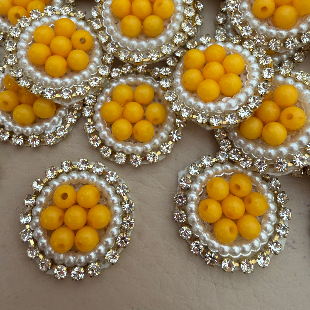 Mustard Yellow Bead Pearl & Rhinestone Circular Sew-On Patches – Pack of 25