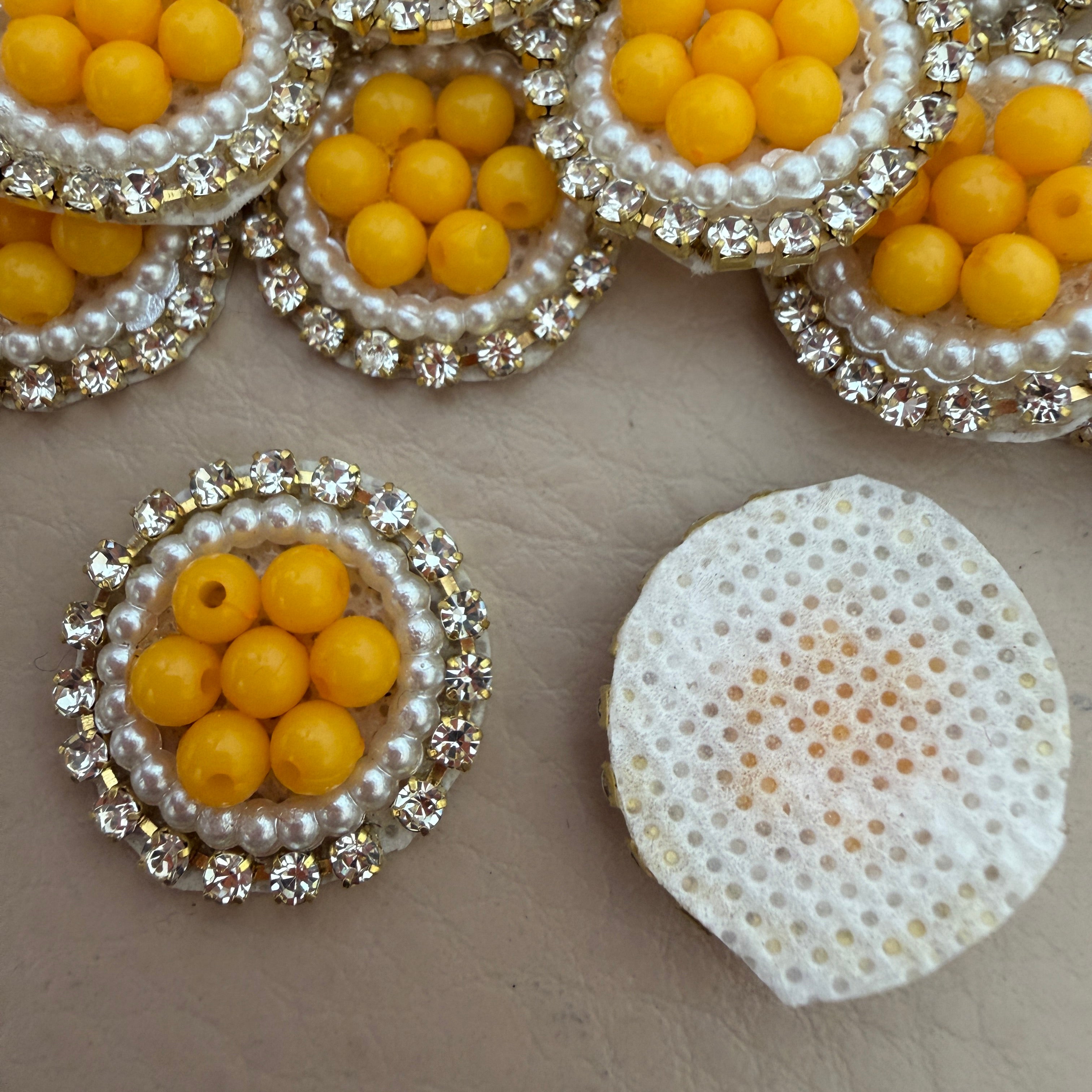 Mustard Yellow Bead Pearl & Rhinestone Circular Sew-On Patches – Pack of 25