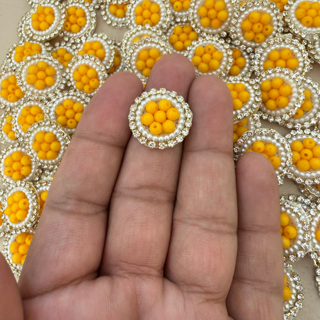 Mustard Yellow Bead Pearl & Rhinestone Circular Sew-On Patches – Pack of 25