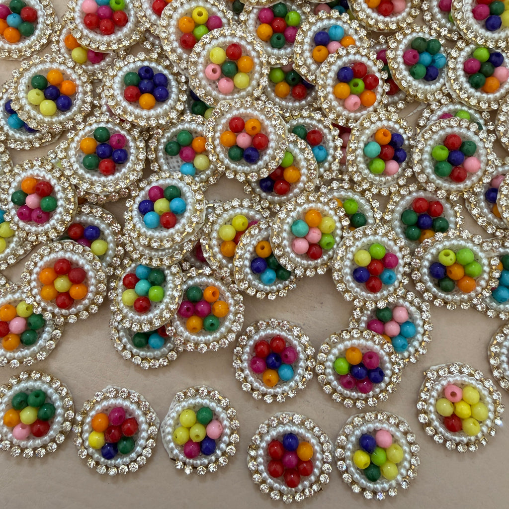 Rainbow Multicolor Bead Pearl & Rhinestone Round Motif Patches – Pack of 25