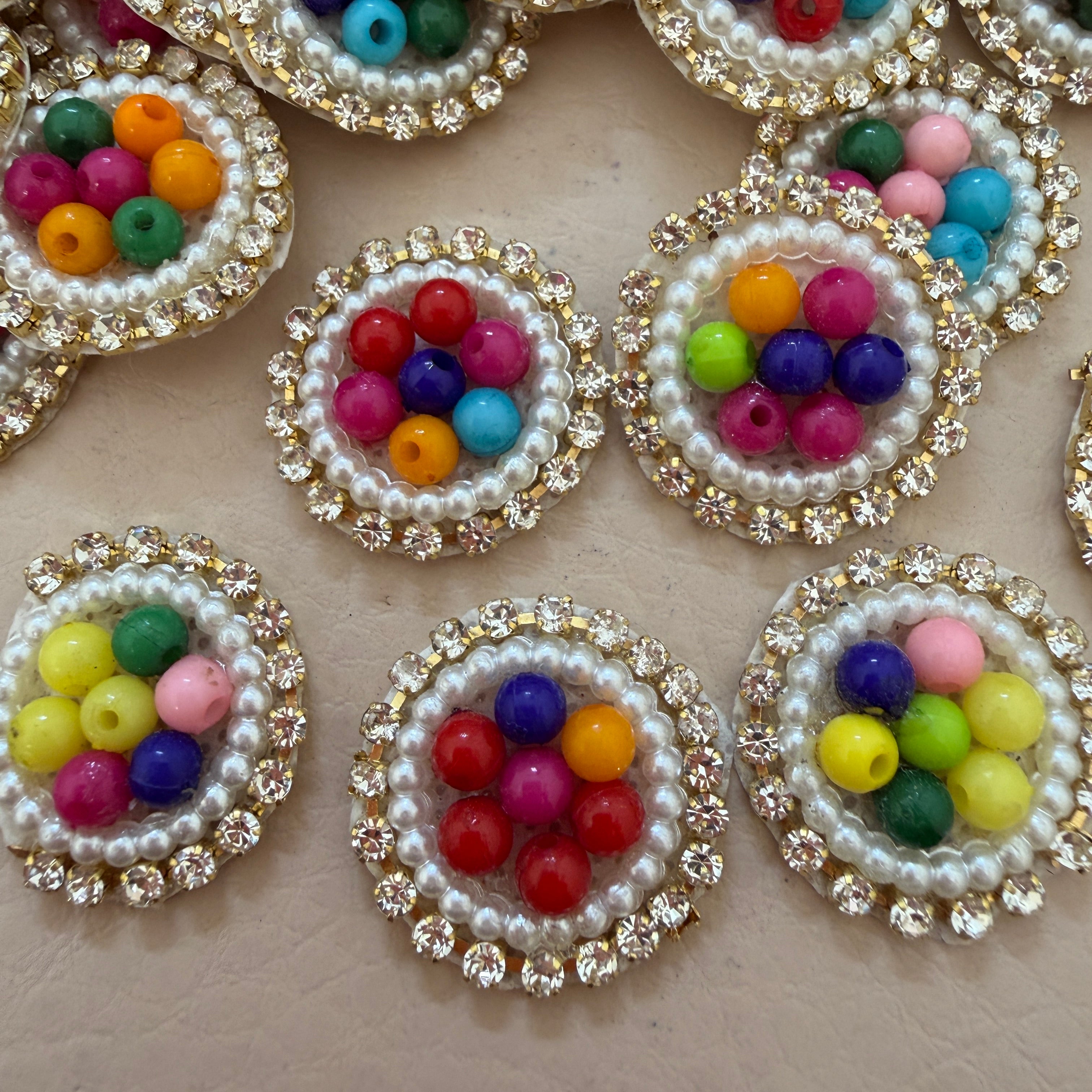 Rainbow Multicolor Bead Pearl & Rhinestone Round Motif Patches – Pack of 25