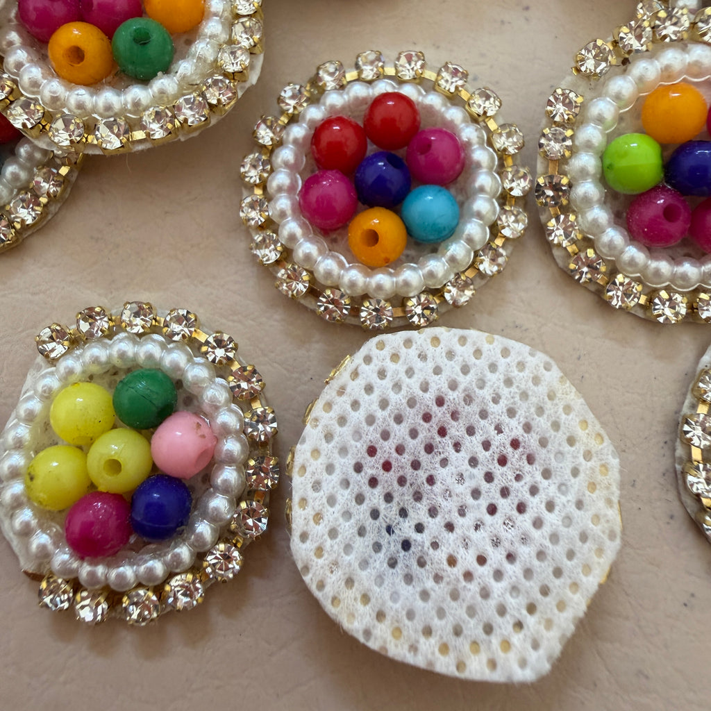 Rainbow Multicolor Bead Pearl & Rhinestone Round Motif Patches – Pack of 25