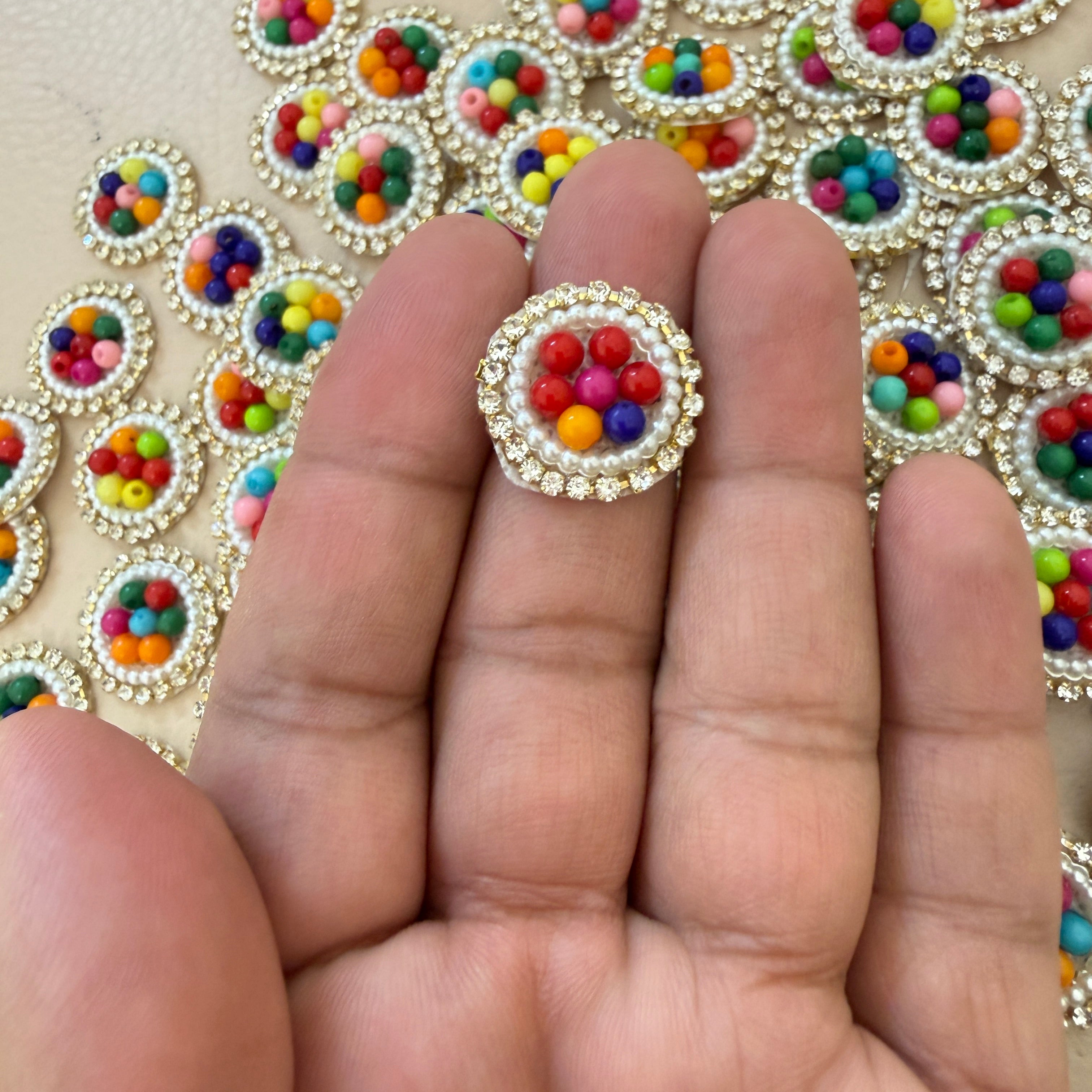 Rainbow Multicolor Bead Pearl & Rhinestone Round Motif Patches – Pack of 25