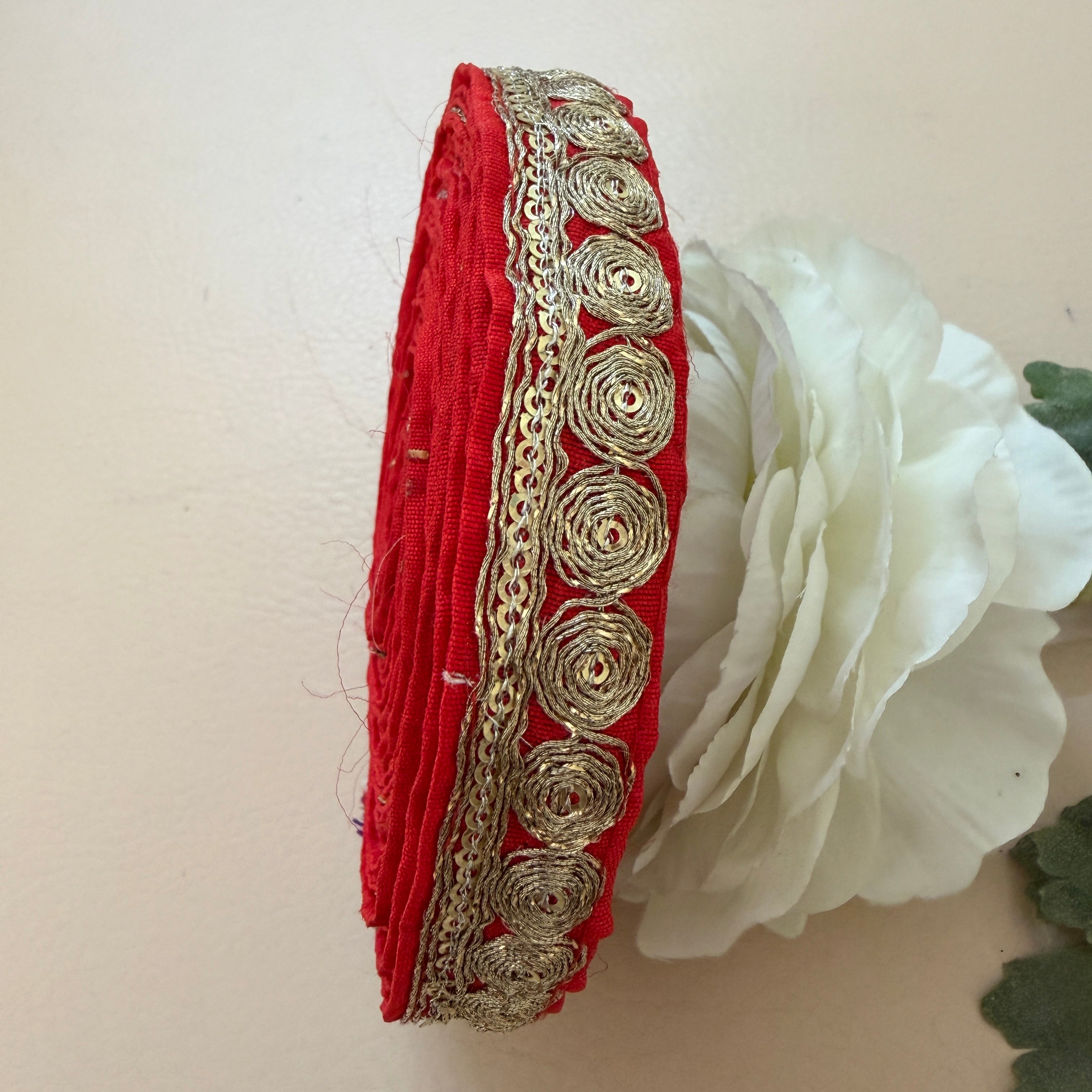 Red Velvet Rose Lace Trim – Gold Zari & Sequin Embroidered Border | 9 Yards