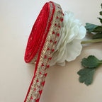 Red Velvet Rose Lace Trim – Gold Zari & Sequin Embroidered Border | 9 Yards