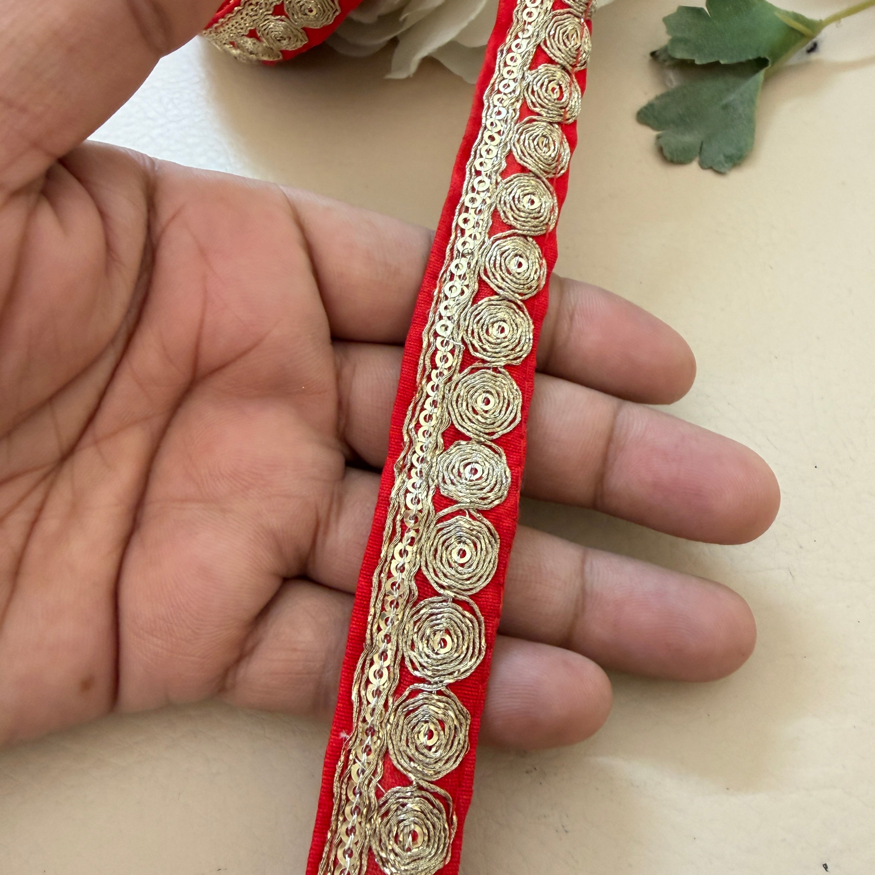 Red Velvet Rose Lace Trim – Gold Zari & Sequin Embroidered Border | 9 Yards