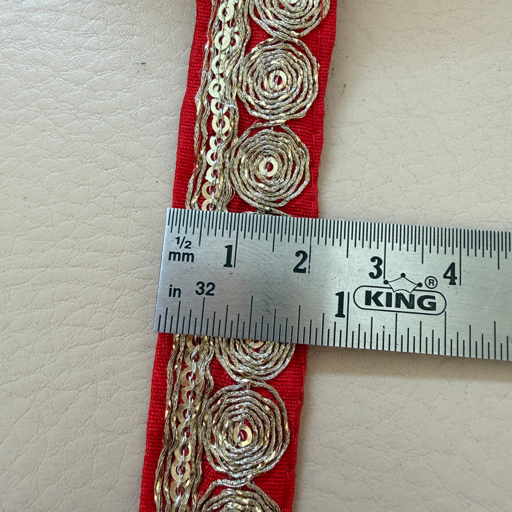 Red Velvet Rose Lace Trim – Gold Zari & Sequin Embroidered Border | 9 Yards