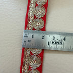 Red Velvet Rose Lace Trim – Gold Zari & Sequin Embroidered Border | 9 Yards