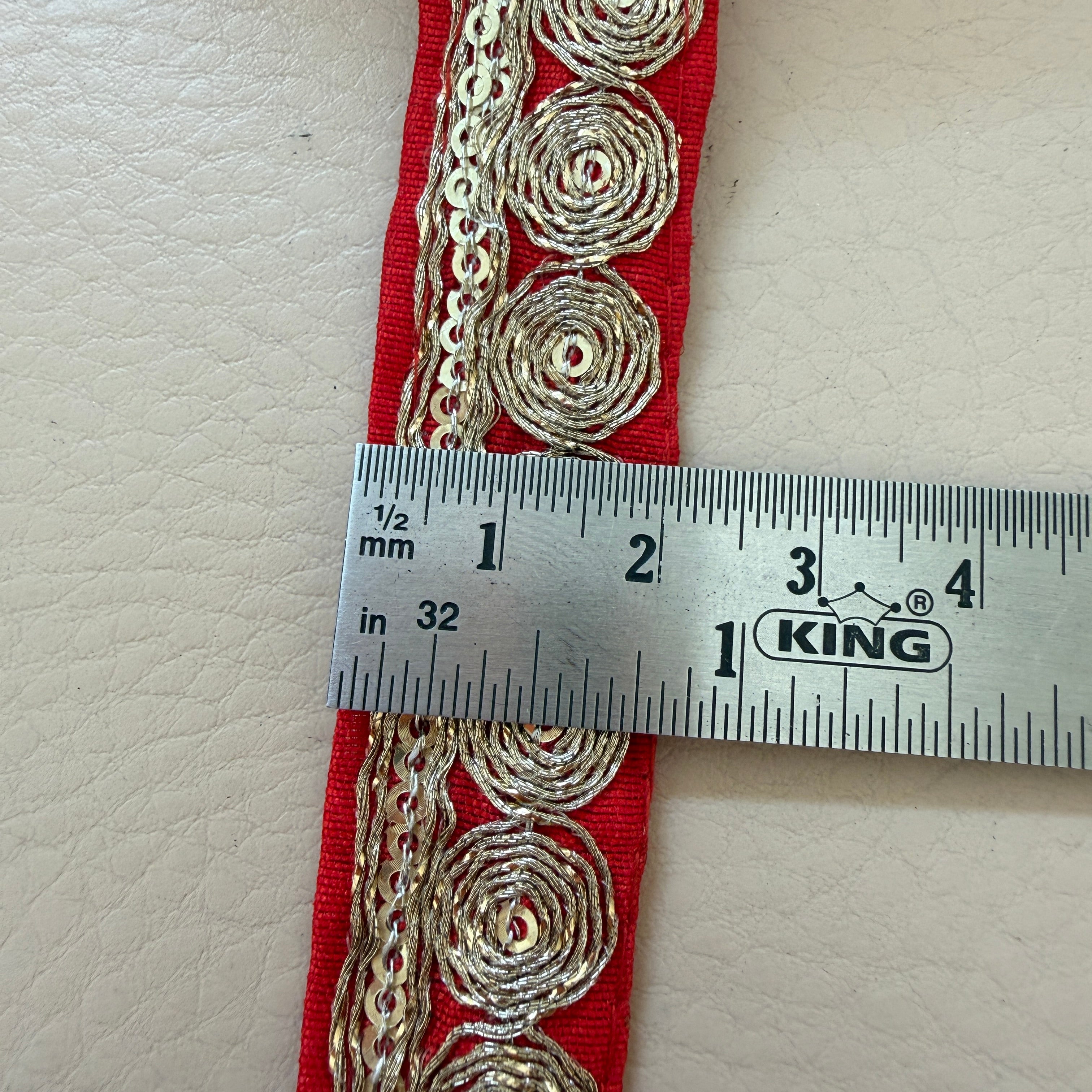 Red Velvet Rose Lace Trim – Gold Zari & Sequin Embroidered Border | 9 Yards