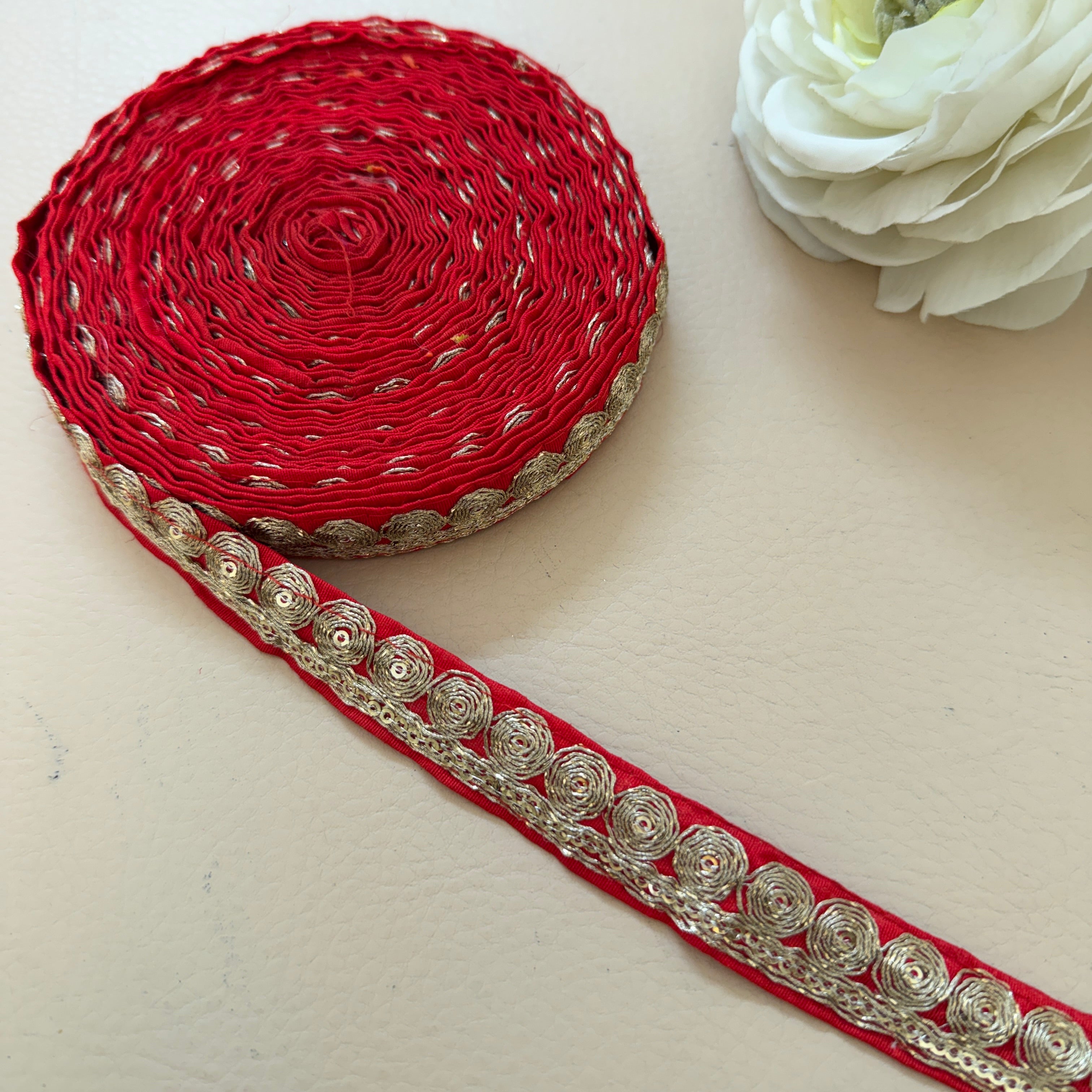 Red Velvet Rose Lace Trim – Gold Zari & Sequin Embroidered Border | 9 Yards
