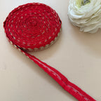 Red Velvet Rose Lace Trim – Gold Zari & Sequin Embroidered Border | 9 Yards