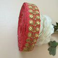 Coral Red & Gold Zari Floral Bouquet Lace Trim – Sequin Embroidered Border | 9 Yards