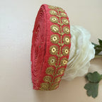 Coral Red & Gold Zari Floral Bouquet Lace Trim – Sequin Embroidered Border | 9 Yards