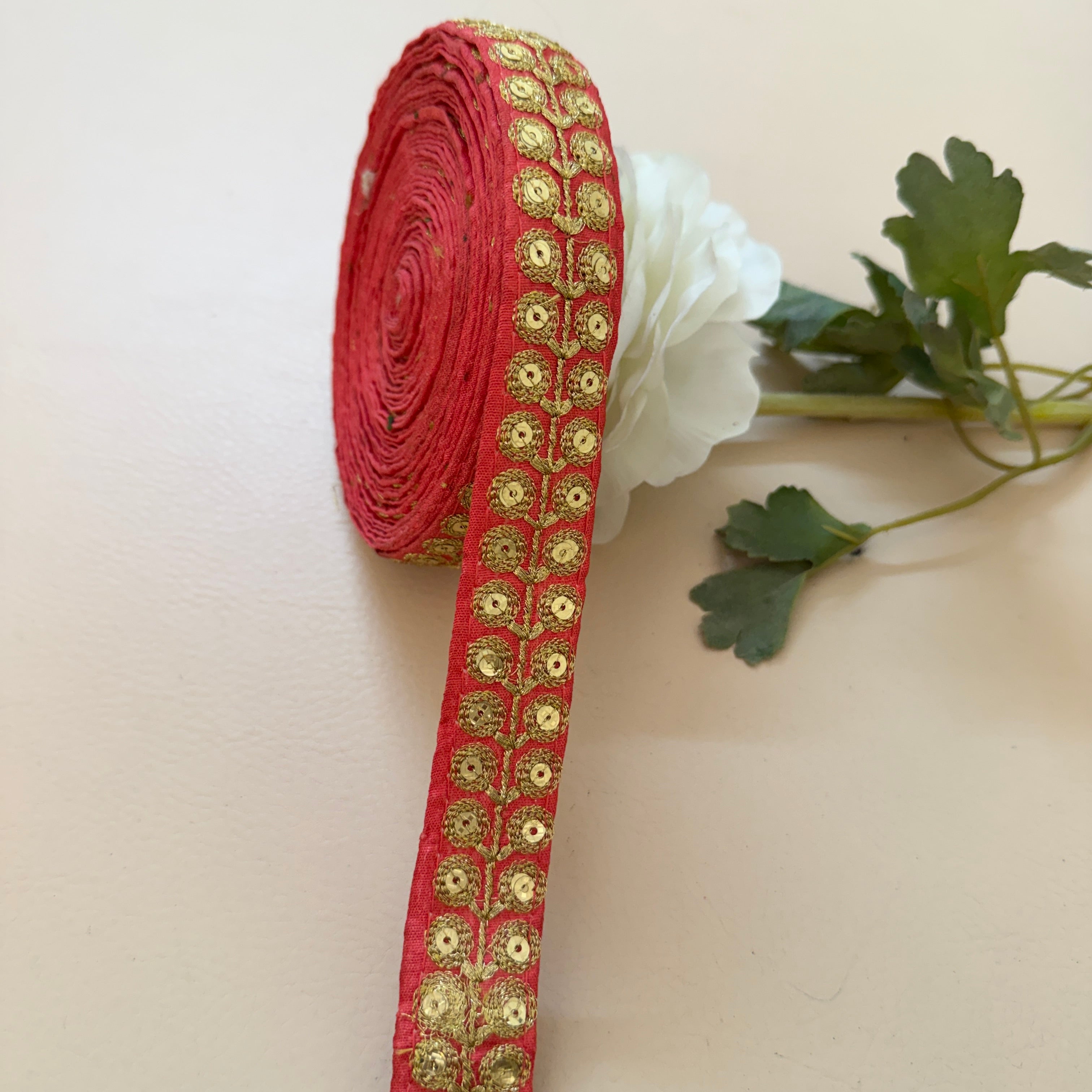 Coral Red & Gold Zari Floral Bouquet Lace Trim – Sequin Embroidered Border | 9 Yards