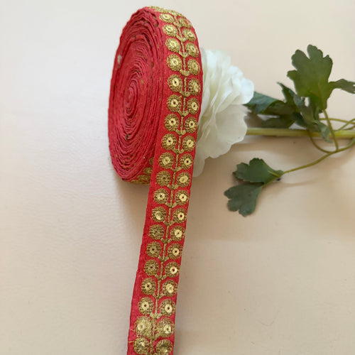 Coral Red & Gold Zari Floral Bouquet Lace Trim – Sequin Embroidered Border | 9 Yards