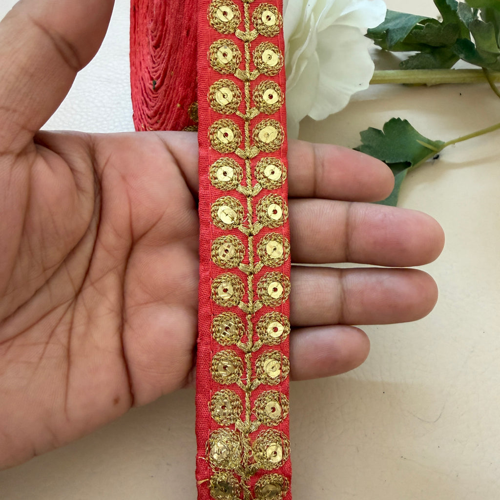 Coral Red & Gold Zari Floral Bouquet Lace Trim – Sequin Embroidered Border | 9 Yards
