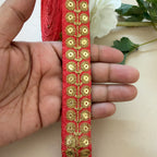 Coral Red & Gold Zari Floral Bouquet Lace Trim – Sequin Embroidered Border | 9 Yards