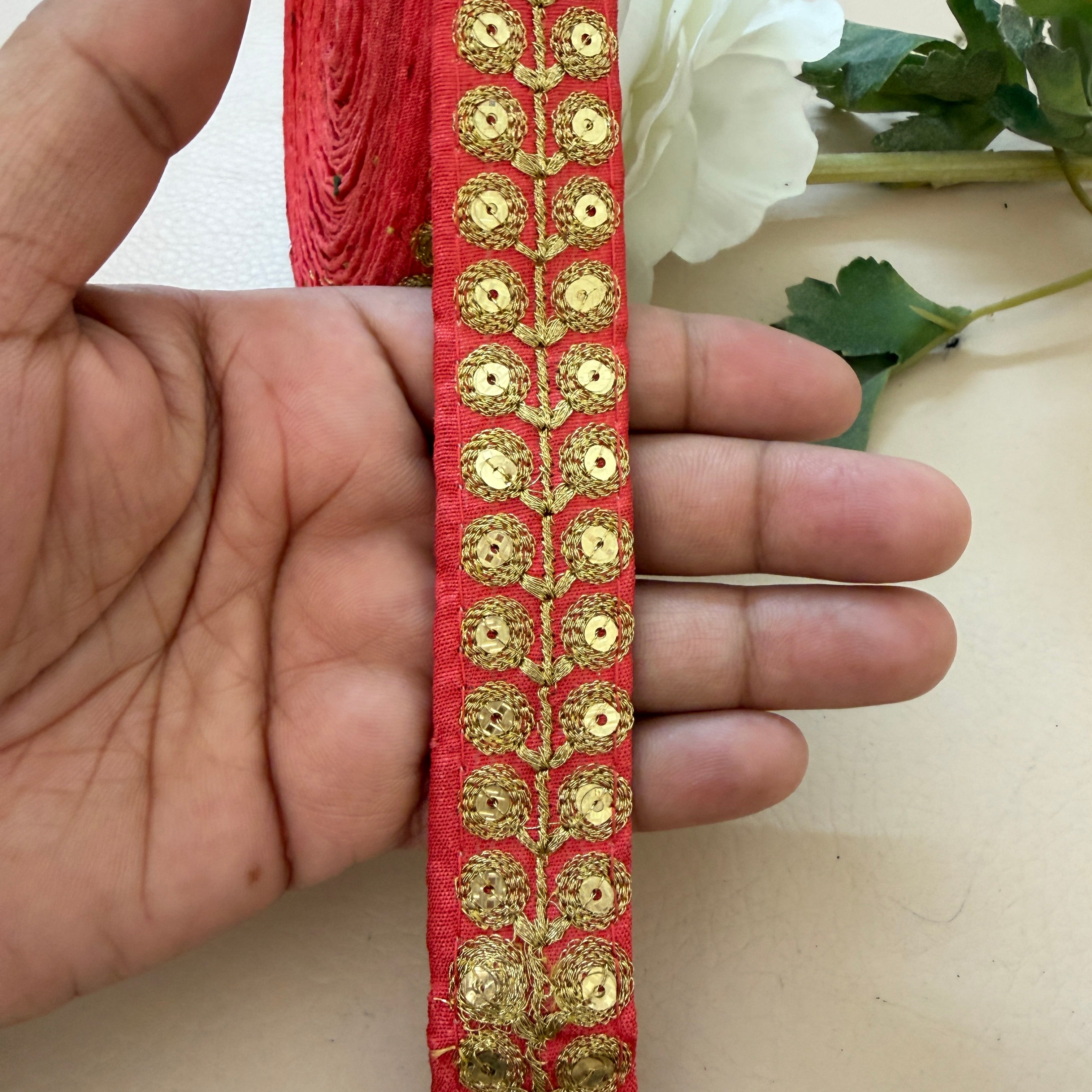 Coral Red & Gold Zari Floral Bouquet Lace Trim – Sequin Embroidered Border | 9 Yards