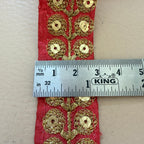 Coral Red & Gold Zari Floral Bouquet Lace Trim – Sequin Embroidered Border | 9 Yards