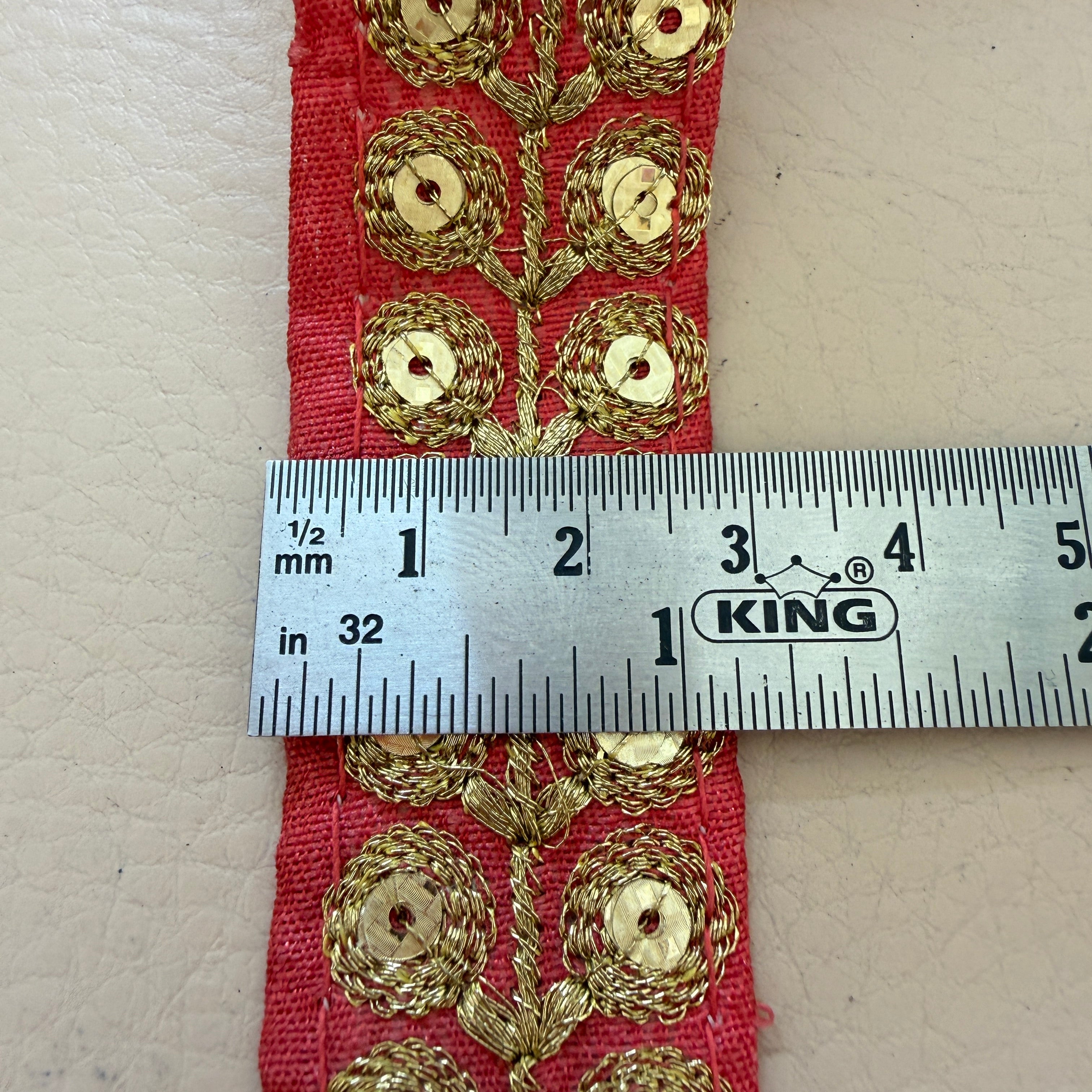 Coral Red & Gold Zari Floral Bouquet Lace Trim – Sequin Embroidered Border | 9 Yards