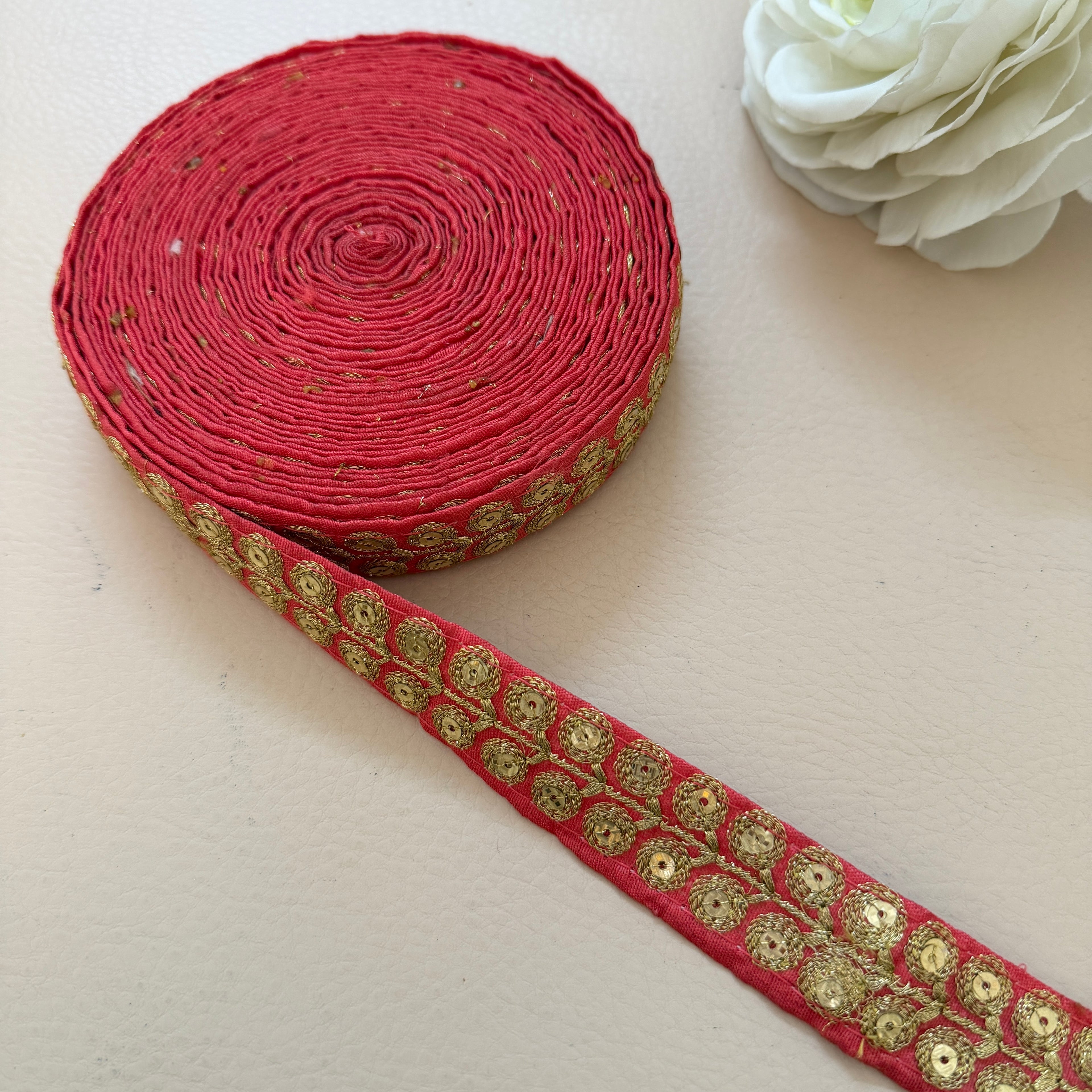 Coral Red & Gold Zari Floral Bouquet Lace Trim – Sequin Embroidered Border | 9 Yards