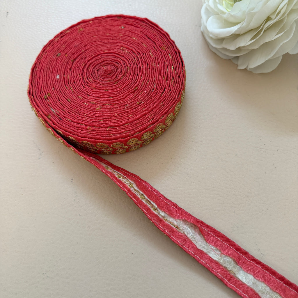 Coral Red & Gold Zari Floral Bouquet Lace Trim – Sequin Embroidered Border | 9 Yards