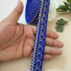 Royal Blue & Gold Zari Paisley Lace Trim – Zigzag Border Embroidery | 9 Yards