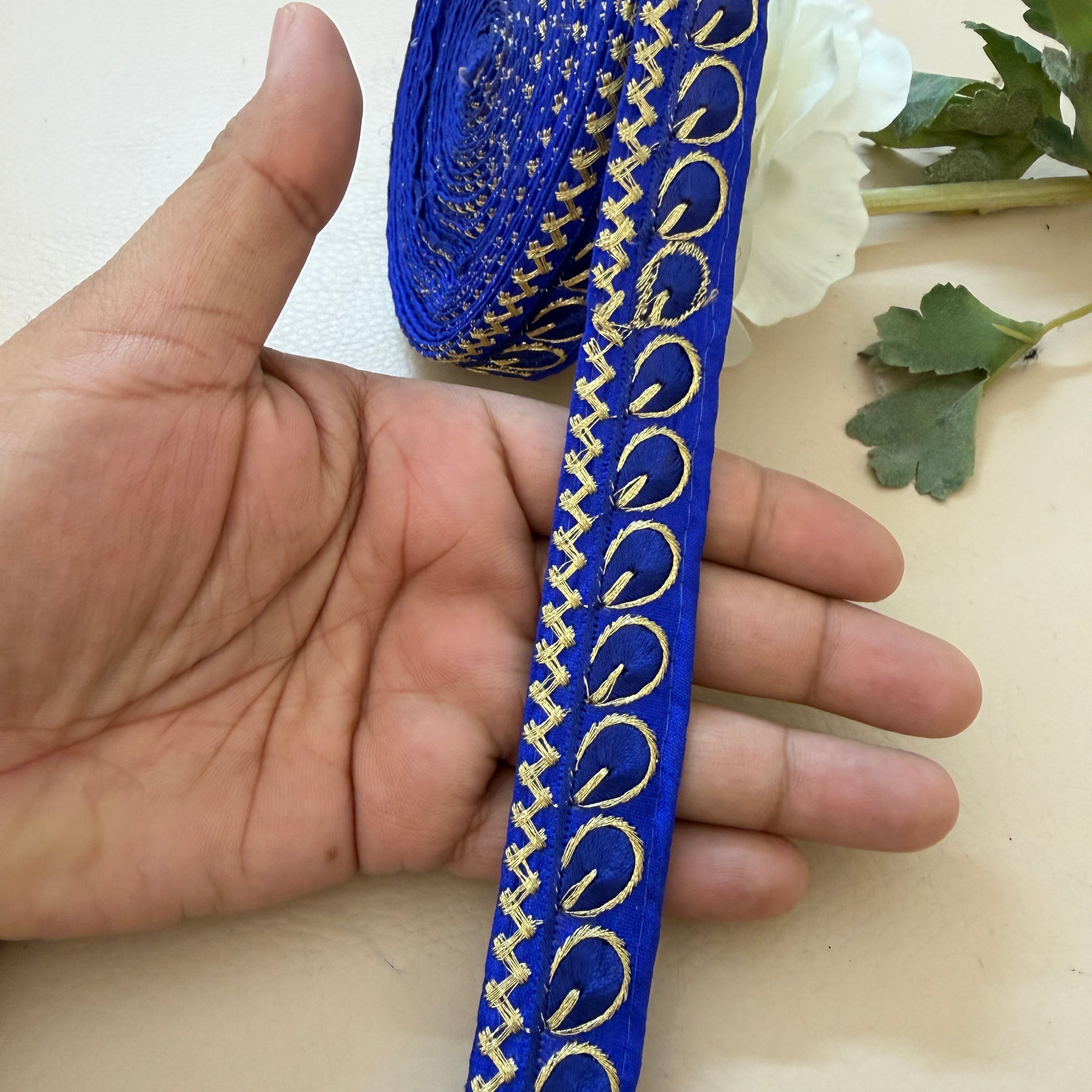 Royal Blue & Gold Zari Paisley Lace Trim – Zigzag Border Embroidery | 9 Yards