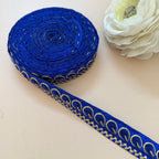 Royal Blue & Gold Zari Paisley Lace Trim – Zigzag Border Embroidery | 9 Yards
