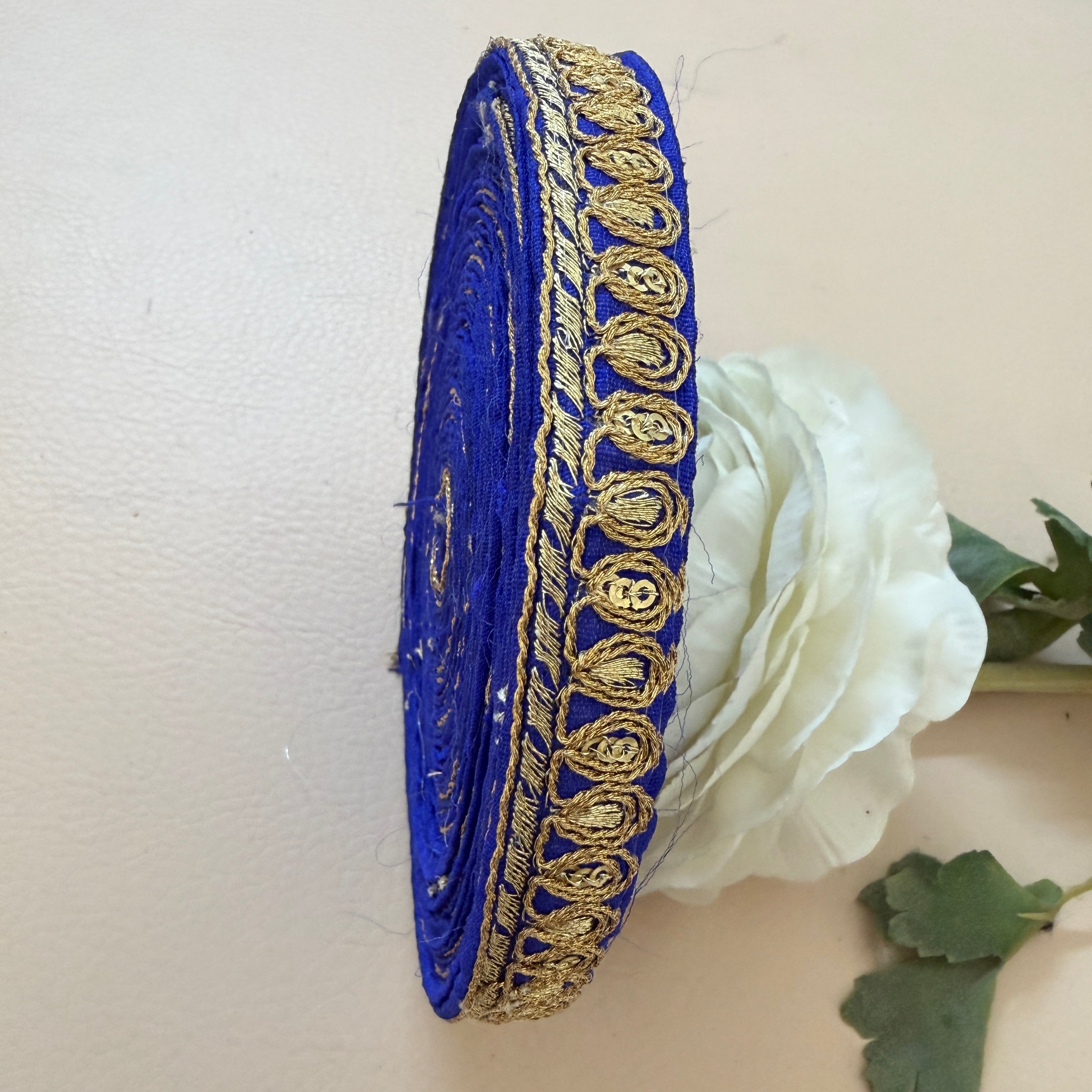 Royal Blue & Gold Zari Teardrop Lace Trim – Sequin Paisley Rope Border | 9 Yards