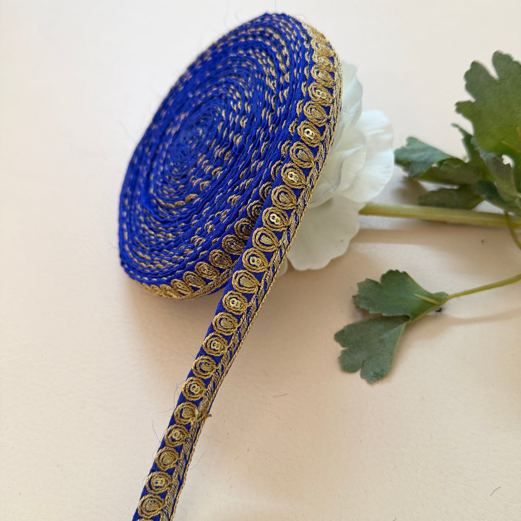 Royal Blue & Gold Zari Teardrop Lace Trim – Sequin Paisley Rope Border | 9 Yards