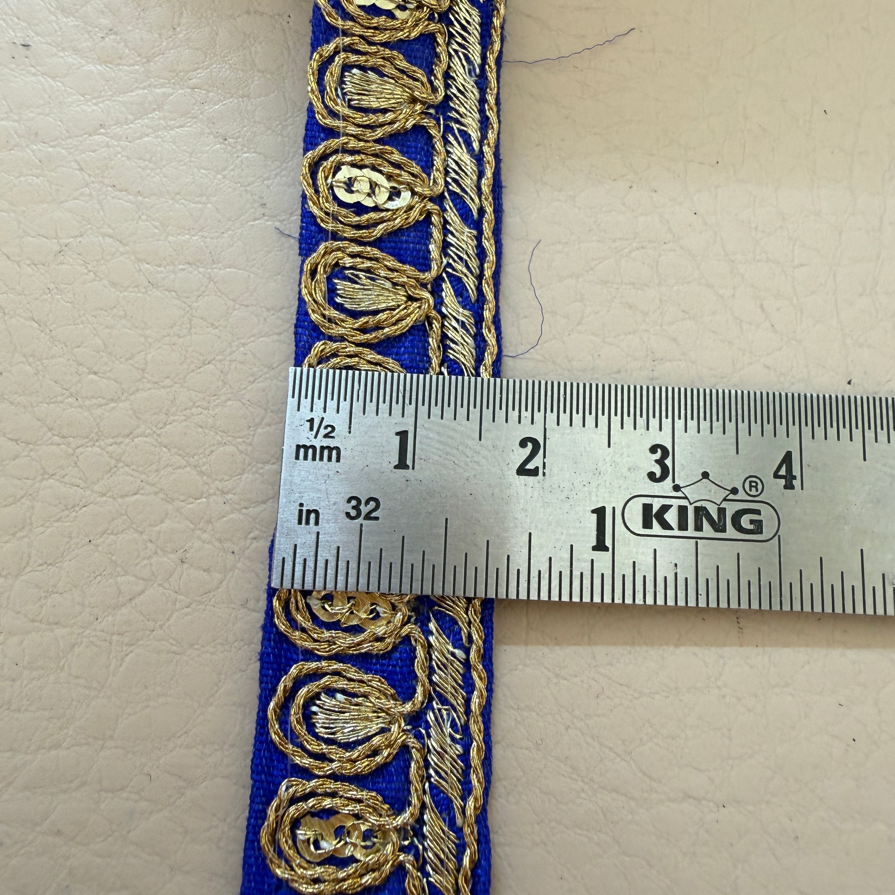 Royal Blue & Gold Zari Teardrop Lace Trim – Sequin Paisley Rope Border | 9 Yards