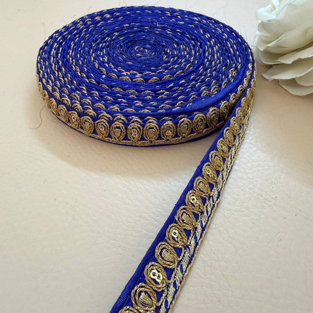 Royal Blue & Gold Zari Teardrop Lace Trim – Sequin Paisley Rope Border | 9 Yards