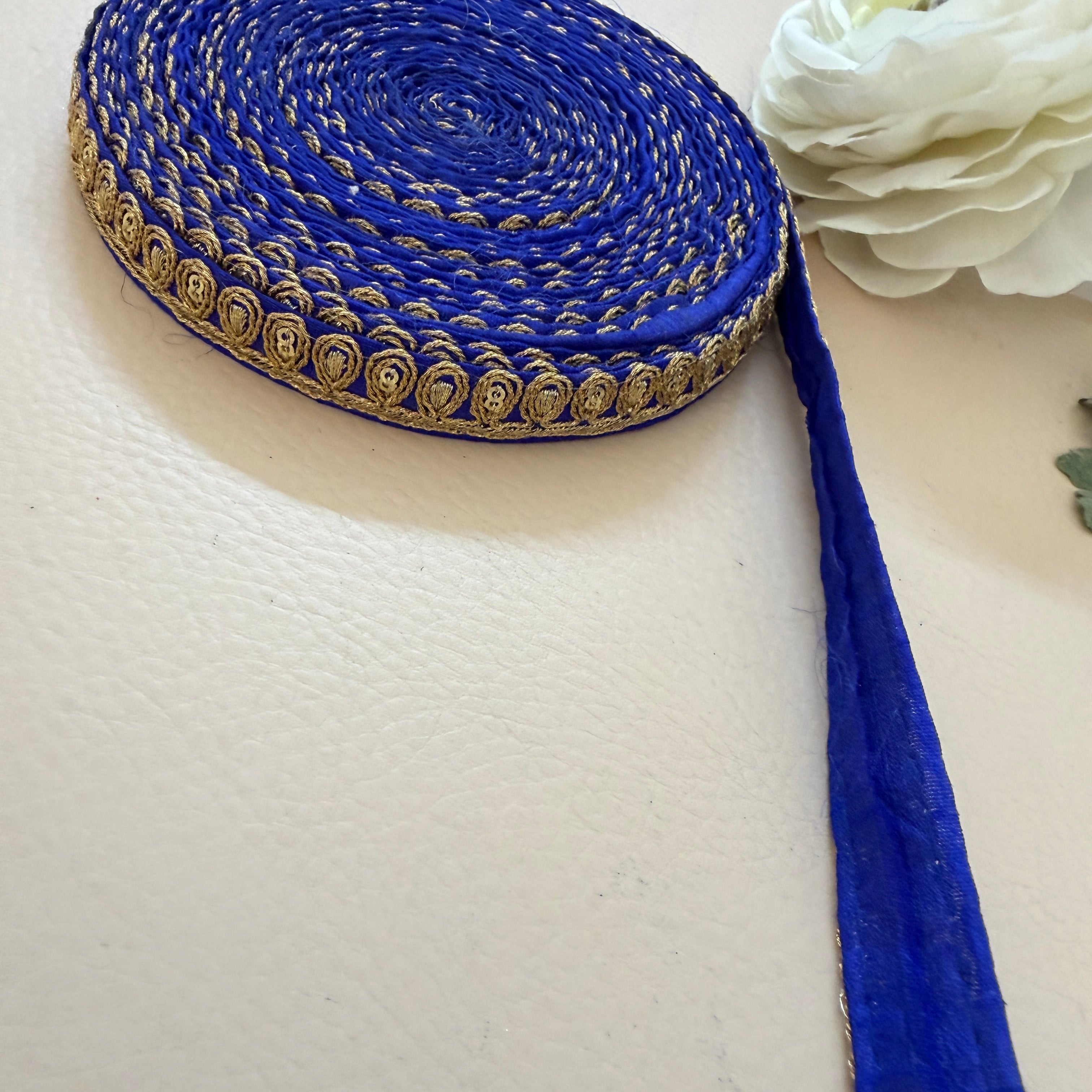 Royal Blue & Gold Zari Teardrop Lace Trim – Sequin Paisley Rope Border | 9 Yards