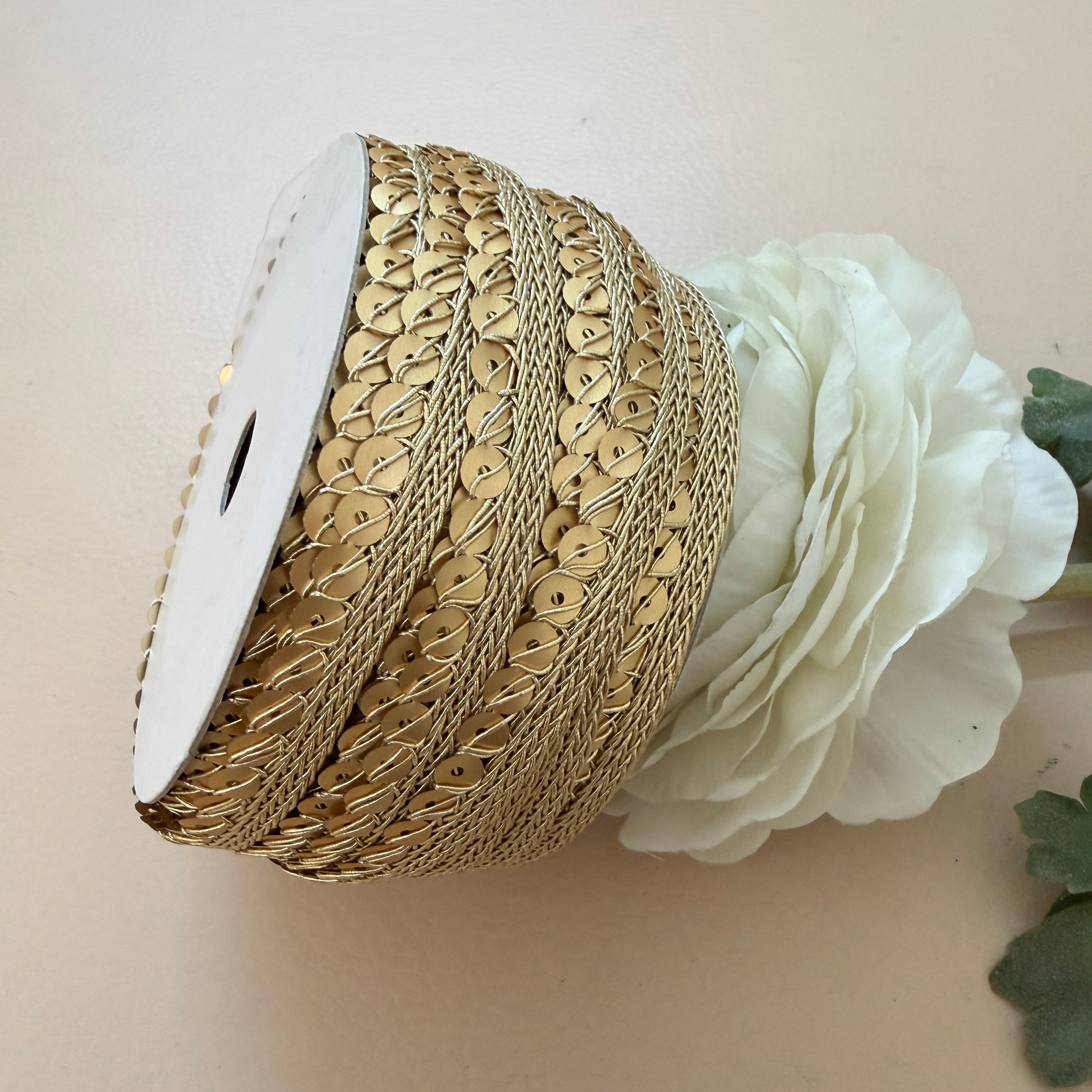 Gold Sequin Braided Lace Trim – Flat Disc Sequin on Zari Cord Border | 9 Yards