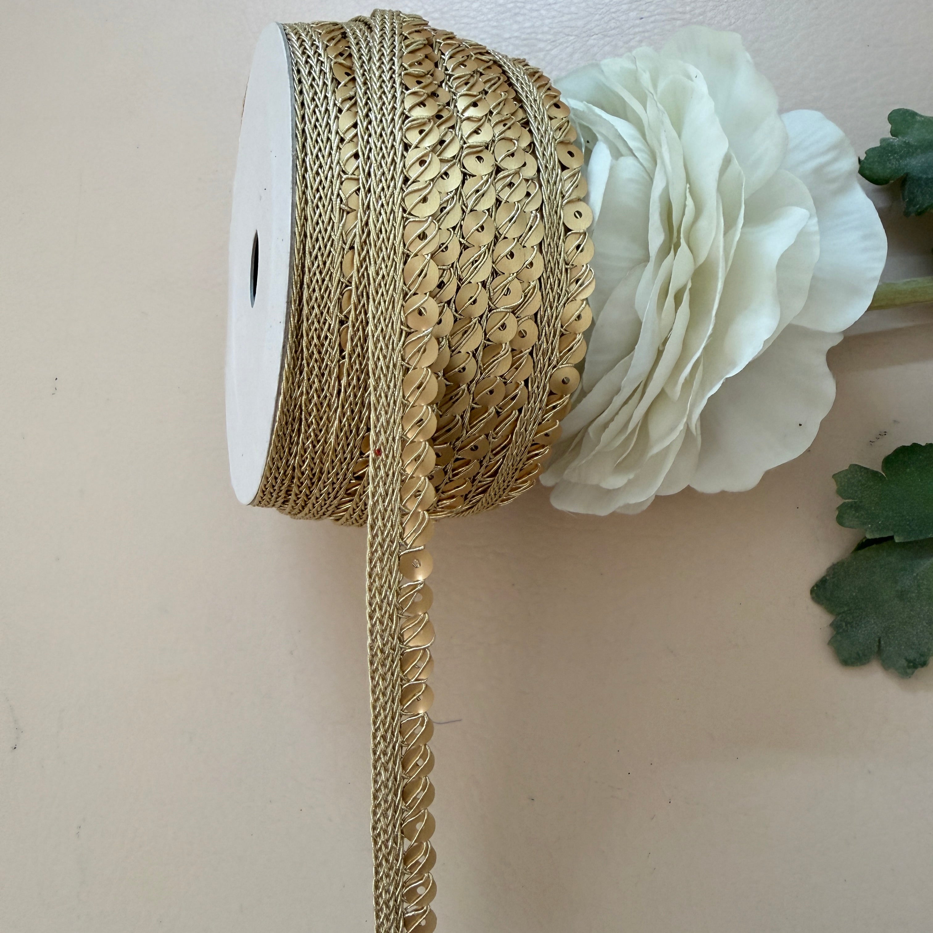 Gold Sequin Braided Lace Trim – Flat Disc Sequin on Zari Cord Border | 9 Yards