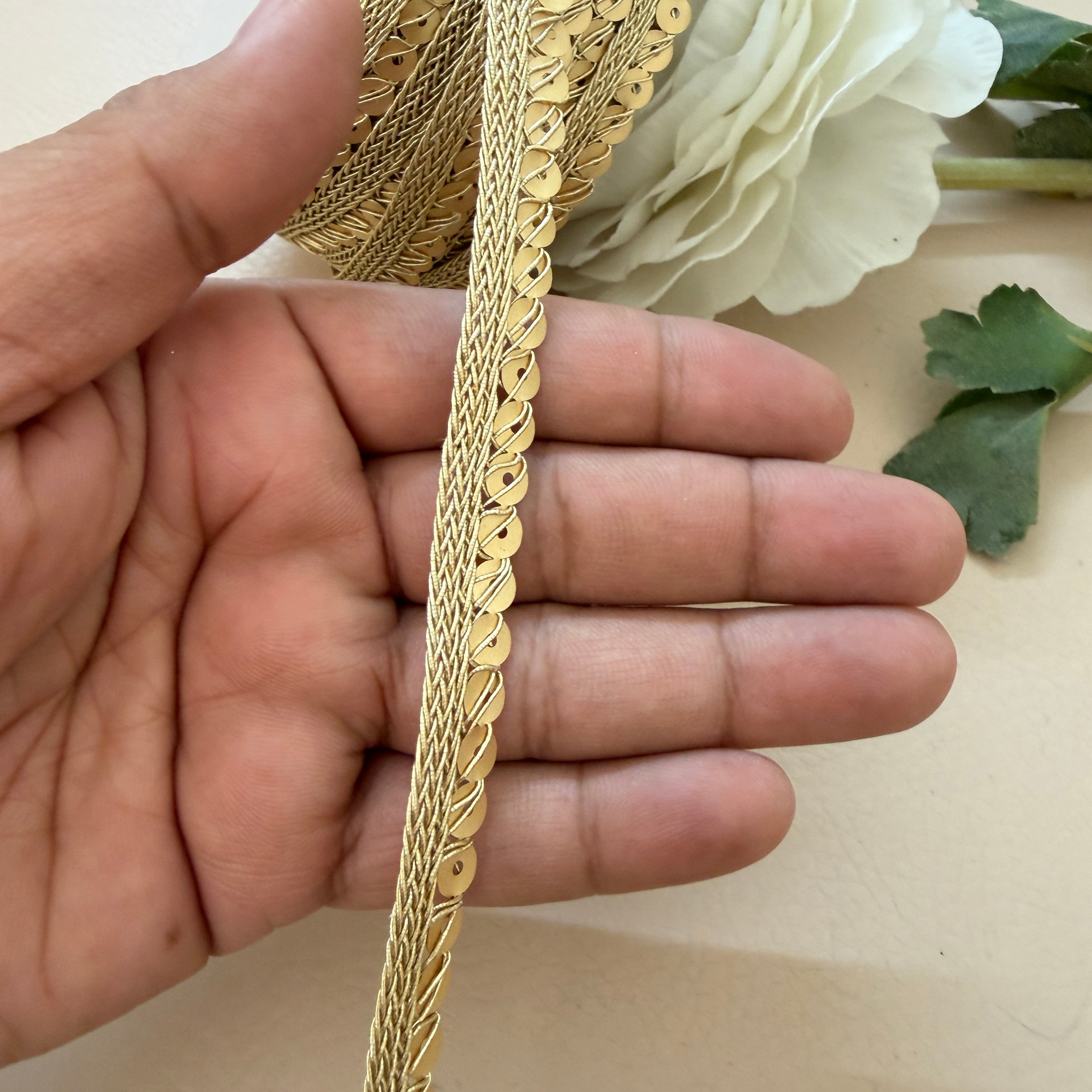 Gold Sequin Braided Lace Trim – Flat Disc Sequin on Zari Cord Border | 9 Yards