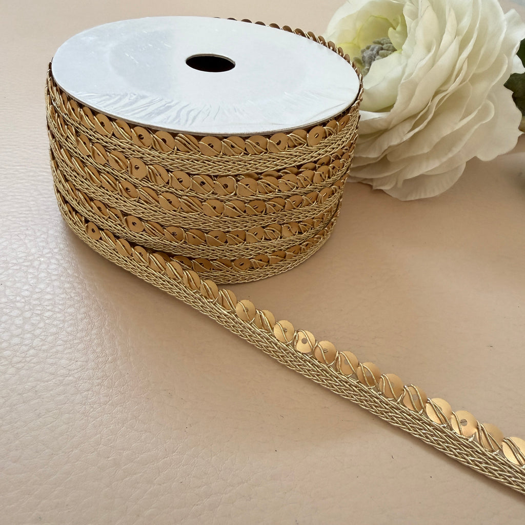 Gold Sequin Braided Lace Trim – Flat Disc Sequin on Zari Cord Border | 9 Yards