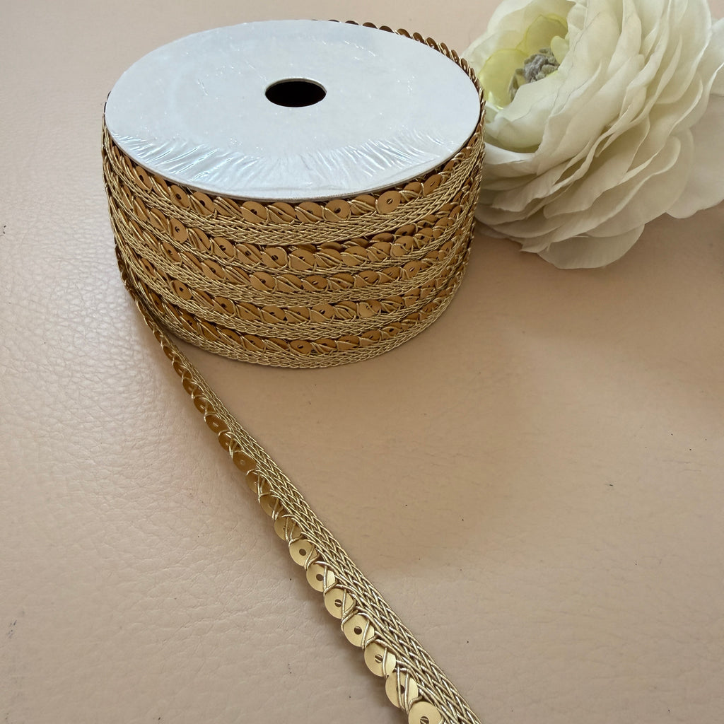 Gold Sequin Braided Lace Trim – Flat Disc Sequin on Zari Cord Border | 9 Yards
