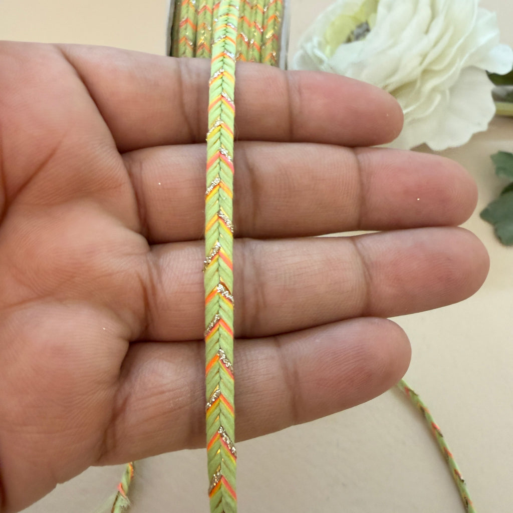 Mint Green Chevron Braided Cord Trim – Orange & Gold Glitter Thread | 9 Yards
