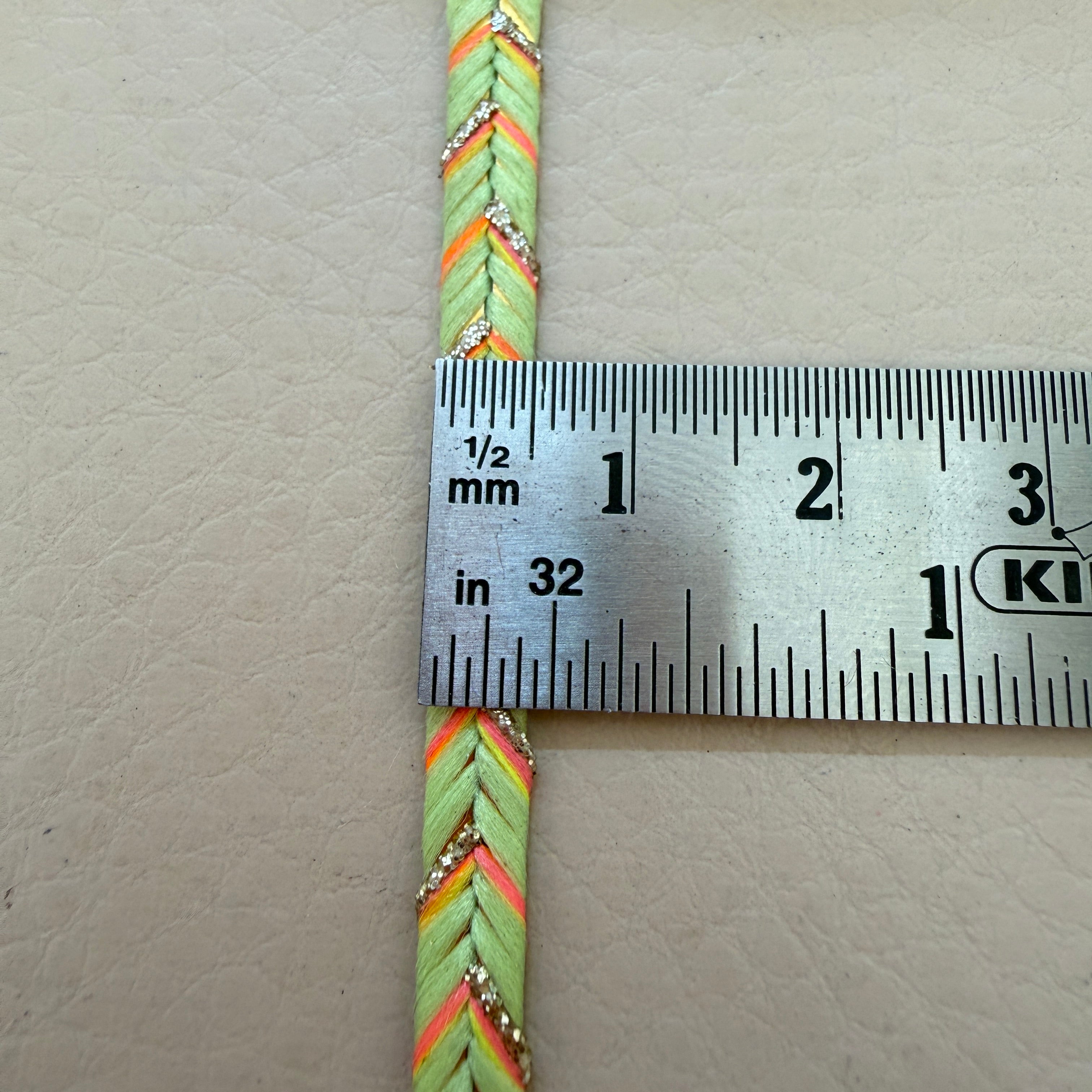 Mint Green Chevron Braided Cord Trim – Orange & Gold Glitter Thread | 9 Yards