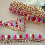 Multicolor Lace – Gold Scallop Braid with Pink Red Blue Frindges | 9 Yards