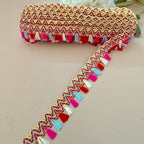 Multicolor Lace – Gold Scallop Braid with Pink Red Blue Frindges | 9 Yards