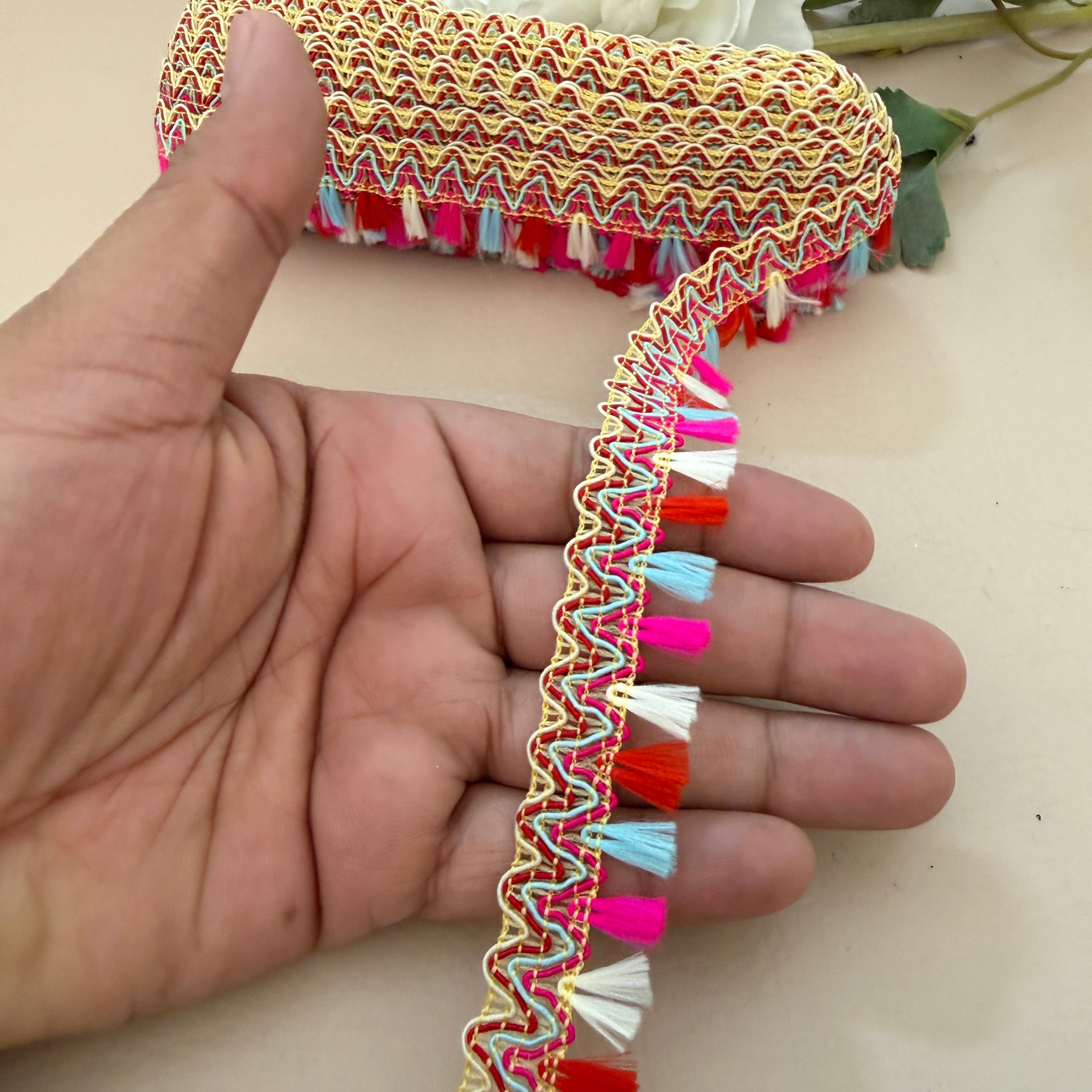 Multicolor Lace – Gold Scallop Braid with Pink Red Blue Frindges | 9 Yards