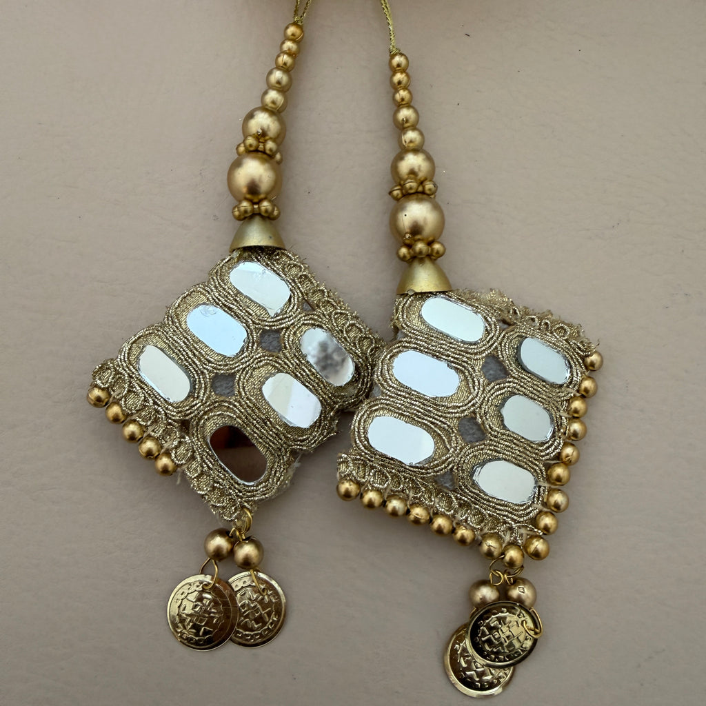 Gold Mirror Work Diamond Tassels with Coin Drops & Bead Chain — Set of 2